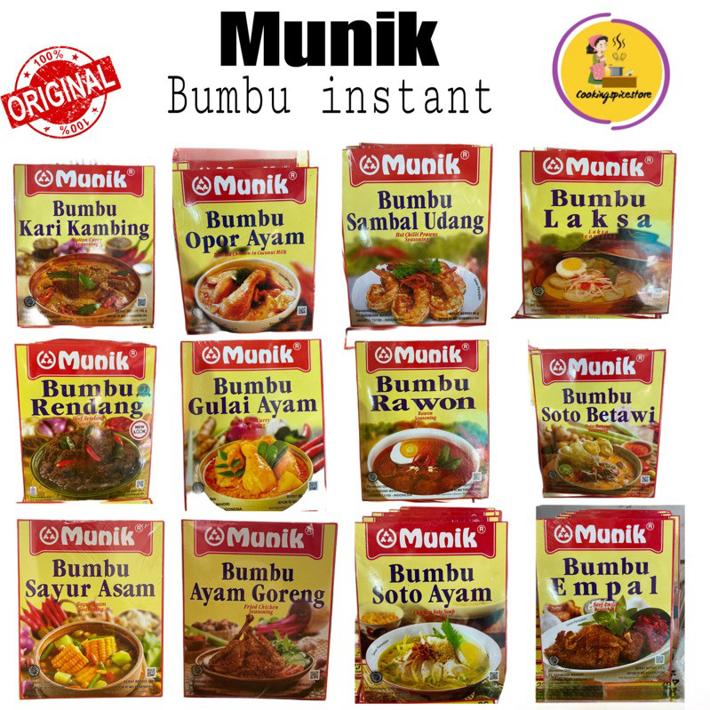 

Bumbu Instant Munik Rasa Rendang Soto Betawi Sop Buntut Kepiting Saos Padang Sayur Asem Opor ayam Empal Soto Rawon Tom Yum ayam Goreng Gulai Semur soto Mie ayam Panggang laksa