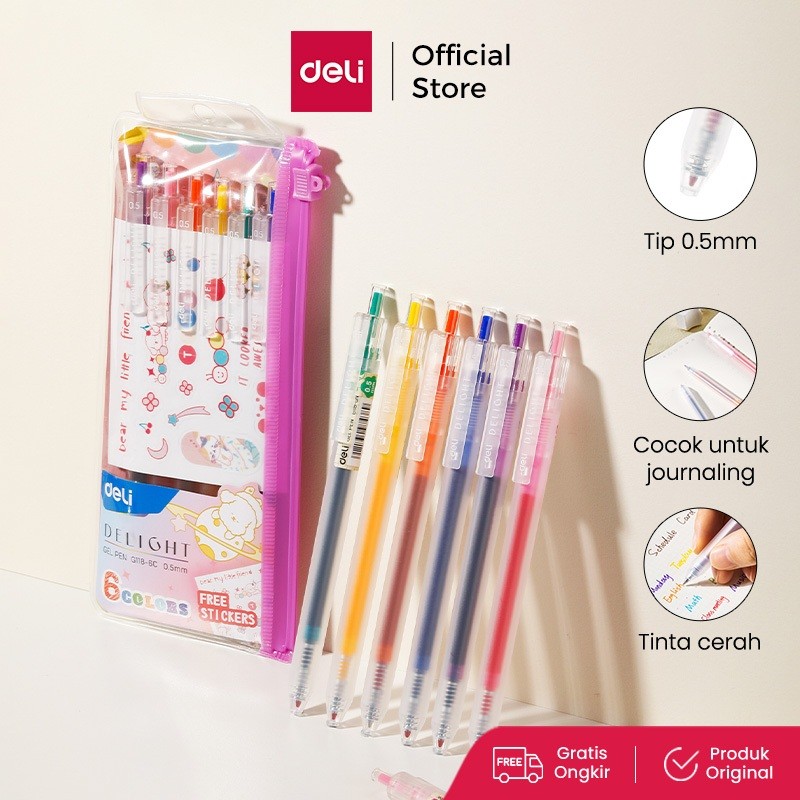 

New Deli School Gel Pen / Pulpen Gel 0.5 mm 6 Warna Retractable Gratis Sticker Lucu EG118-6CPremium