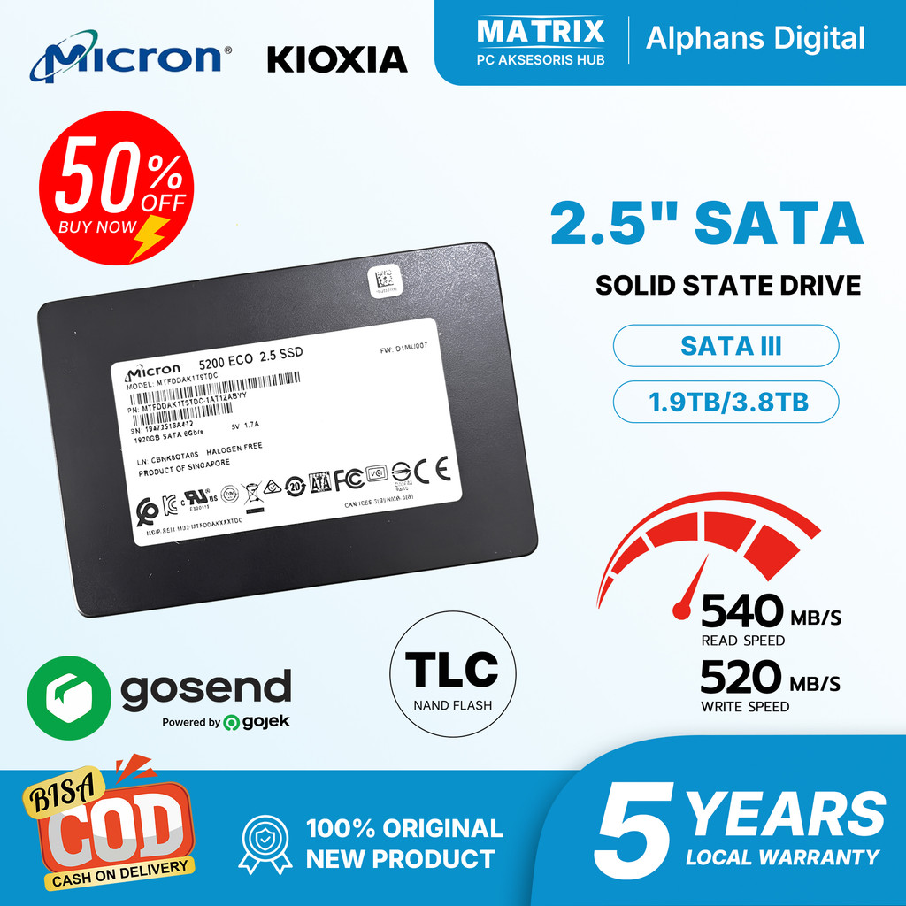SSD Server Enterprise SATA III Micron KIOXIA 5200 1.9/3.8TB 2.5 Inch 3D TLC NAND Kecepatan Tinggi ba