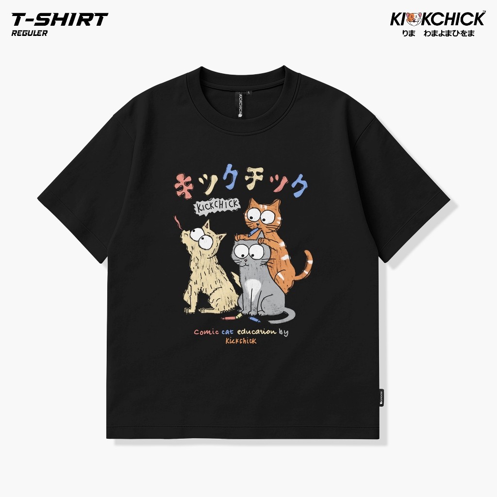 Kickchick Tshirt Reguler Kaos Comic Cat Black & Steel Blue | Kaos Lengan Pendek | Atasan Unisex | KC