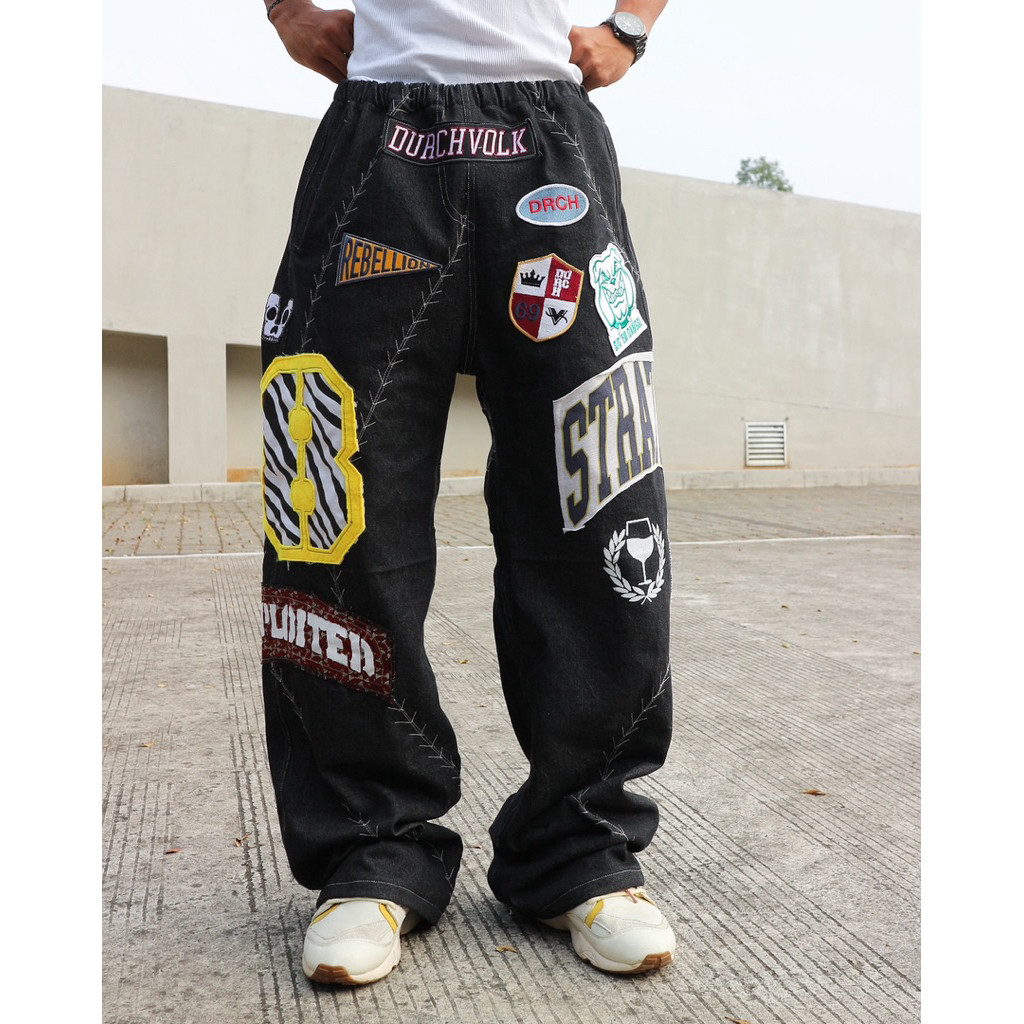 DURCHVOLK / VJ354 / Celana Jeans Denim Panjang Baggy Jeans Ripped Sobek Painting Hitam