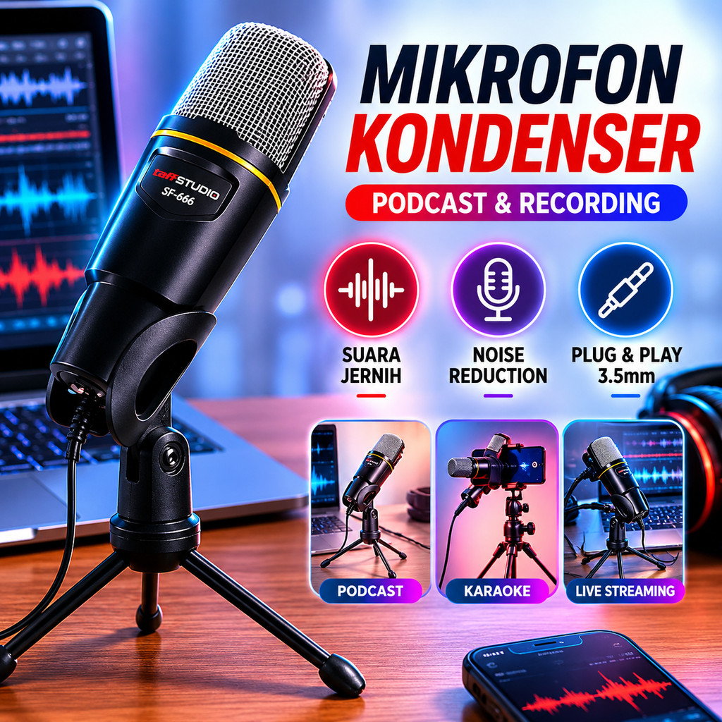 Mikrofon Kondenser 3.5mm Omnidirectional Podcast Mic Kondensor Clip On Studio Rekaman Hp Laptop Pc S