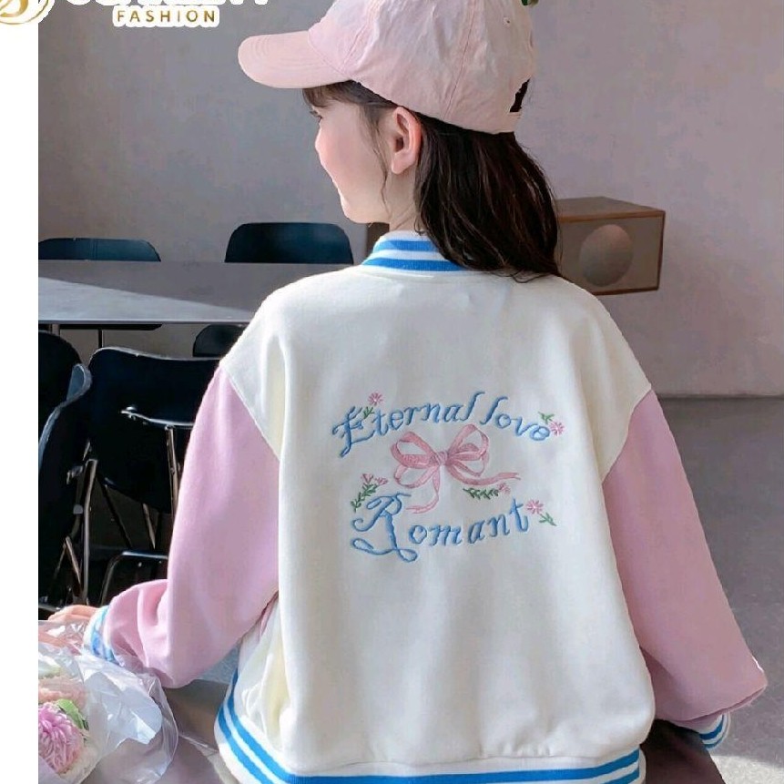 Scarlett Fashion Jaket Varsity Baseball Anak Perempuan Usia 1-18 Tahun Motif Romance Studio Kombinas