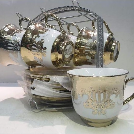 Cangkir Set I Tea Set Midas Gold Flower 13 Pcs + Rack Gold Crown BISA GOSEND