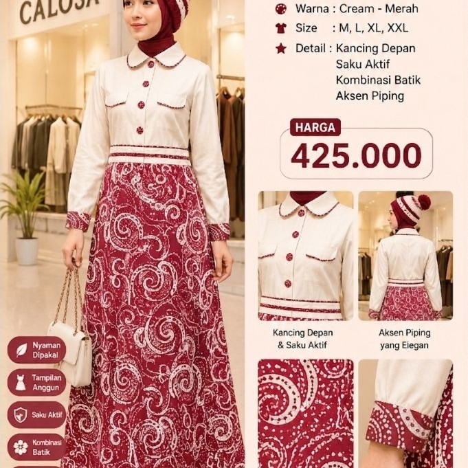 Calosa CL 56 Gamis motif batim  Cream Merah  Elegante