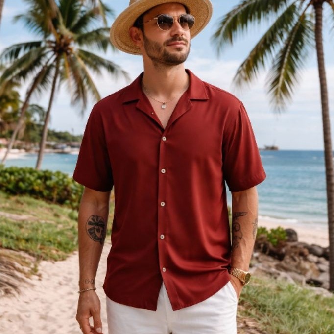 Kemeja hawai polos style shirt - santai stylish, Kemeja hawai kekinian, kemeja hawai premium pria un