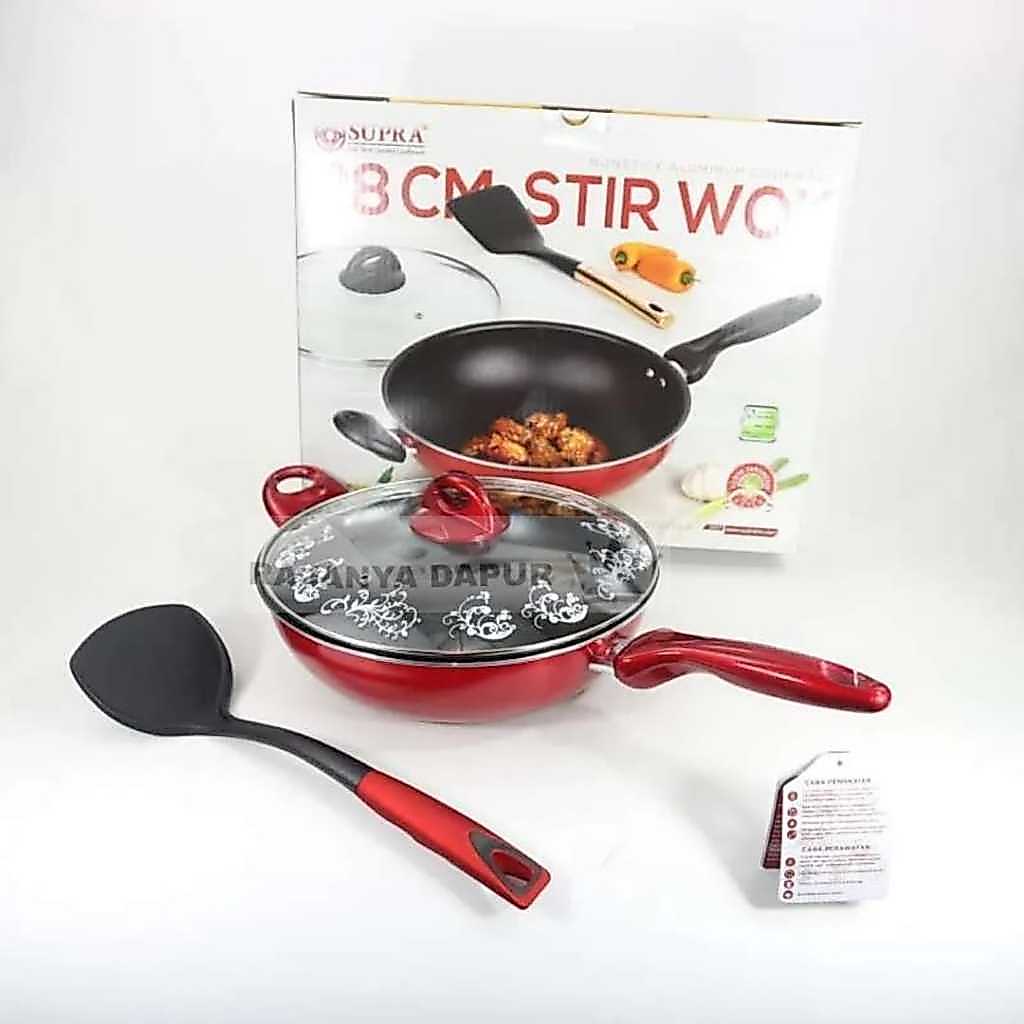 Supra wajan 28 30 32 cm tutup kaca dan spatula/wajan penggorengan teflon supra/ panci teflon supra -