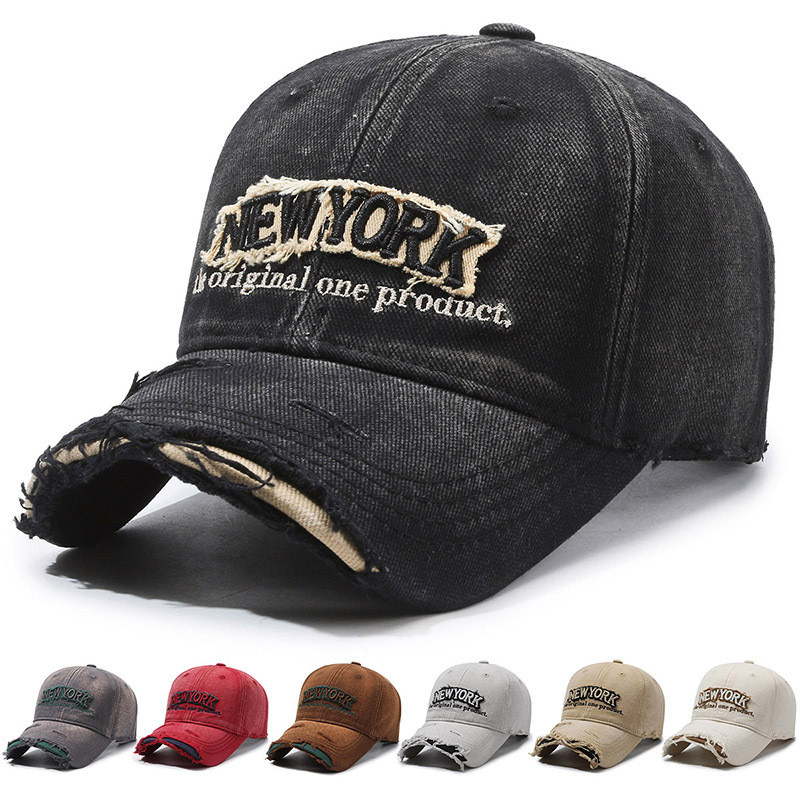Topi baseball denim vintage dengan efek sobek dan bordir