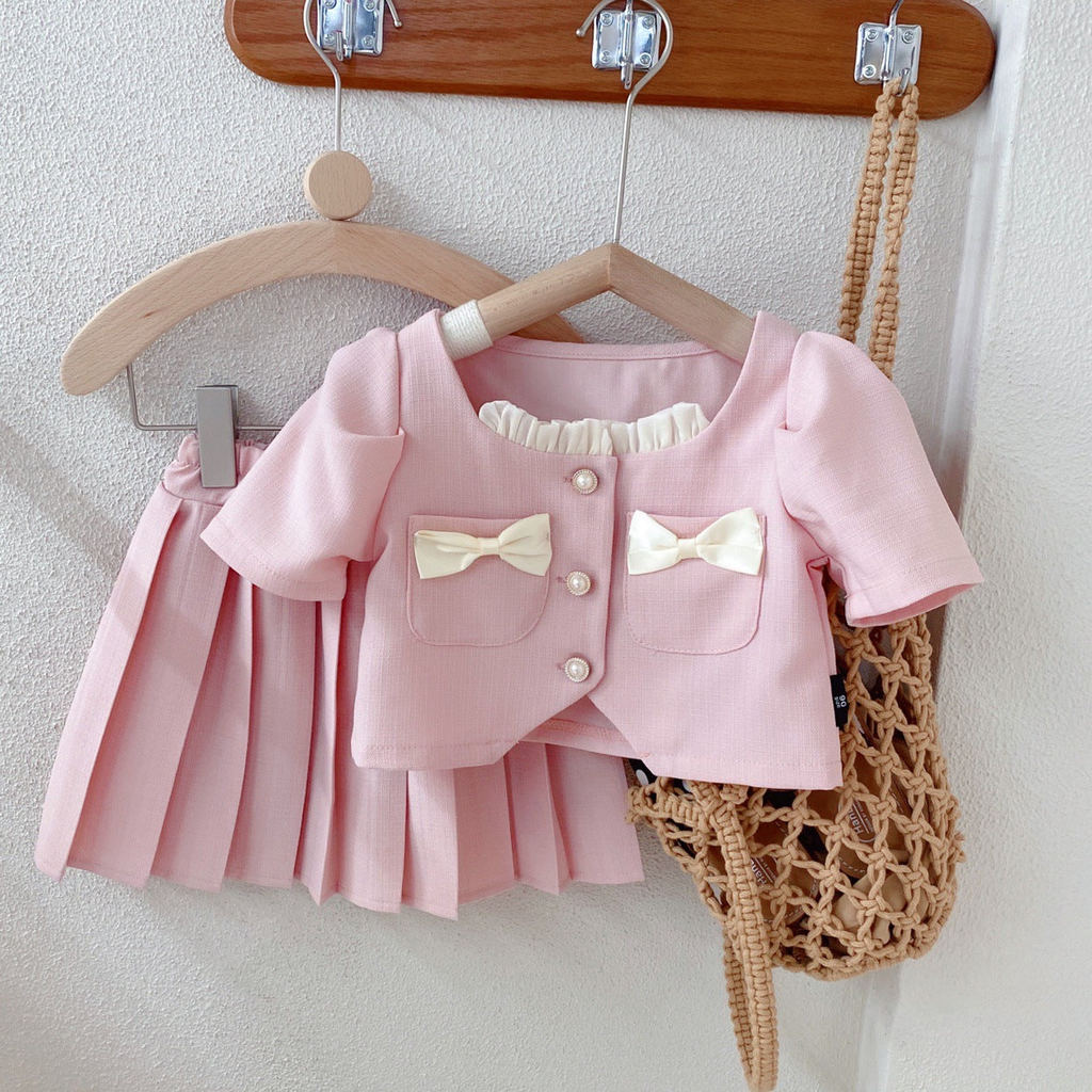 [363636] - Setelan Mewah Ala Korea Pink Oneset Atasan Cardigan Lengan Pendek Bawahan Rok Anak Peremp
