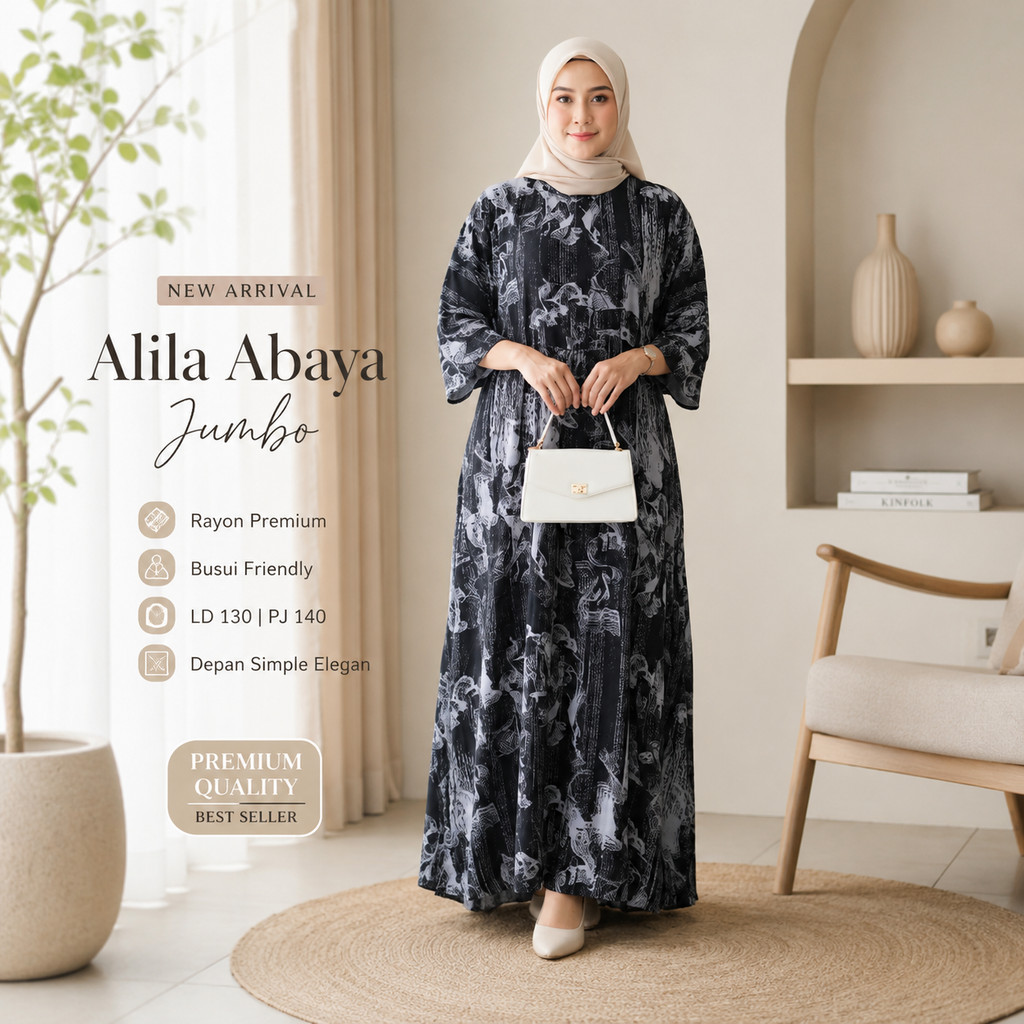 Gamis Abaya Jumbo LD 130 Alila Dress Rayon Premium Tebal Adem Busui Friendly Lengan Panjang Long Dre
