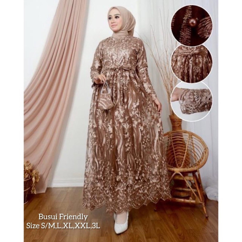 BAJU_FHASION09_ BAJU GAMIS BUSUI WANITA HIJAB KOMBINASI BROKAT + FULL PURING MODIS