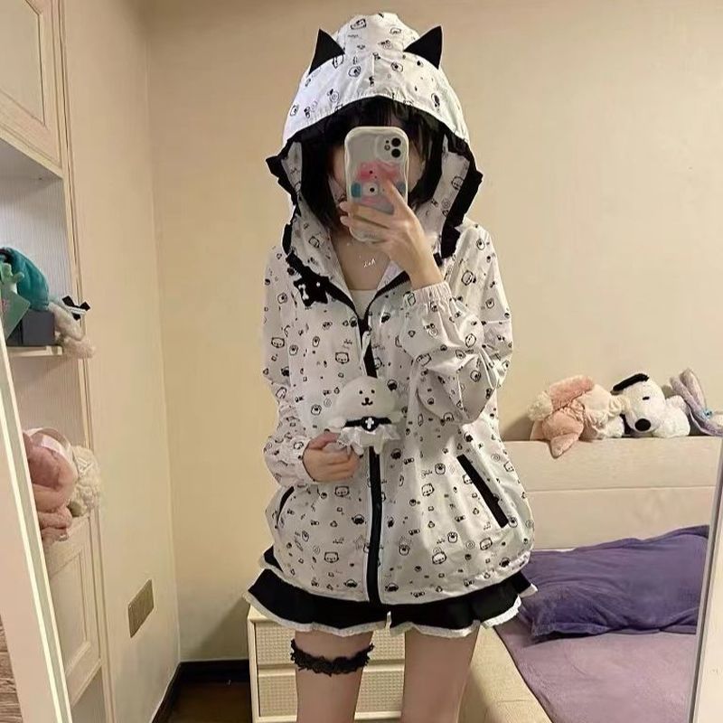 [Pakaian Ratu]Cardigan hoodie anti sinar matahari tipis motif telinga kucing Jepang lucu serbaguna