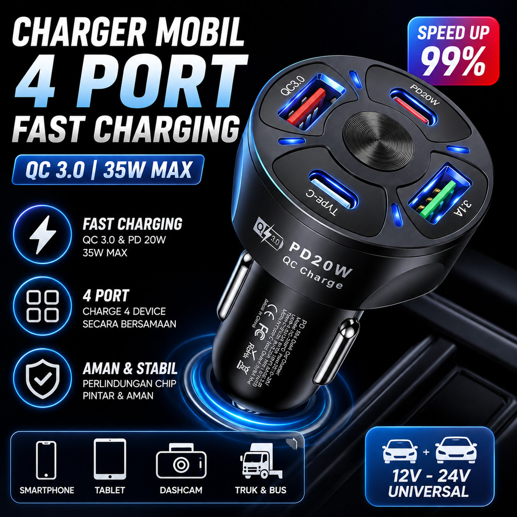 Charger Mobil QC 3.0 35W 4 Port USB Fast Charging 12V 24V Cigarette Lighter Cas HP Mobil Banyak Pera