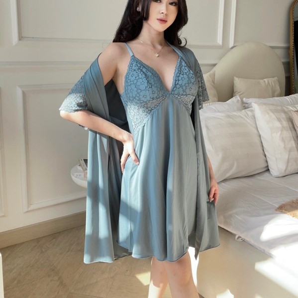 new deals cyelinee sleep wear dress + kimono + panties + belt winter blue