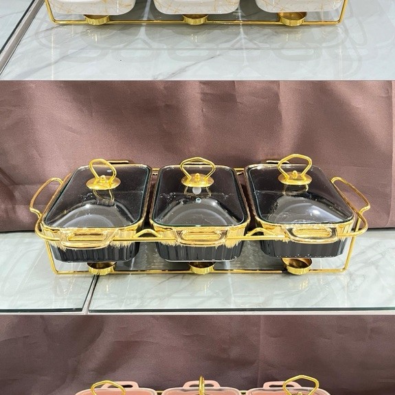 (garansi pecah) prasmanan keramik set isi 3 dengan rak warna gold marbel marble diamond sultan mewah
