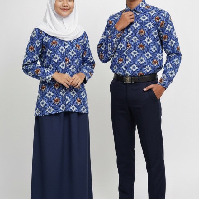 Baju Batik Sekolah SMP MTS Seragam kemeja Motif Lugina Warna Biru Nasional lengan pendek panjang