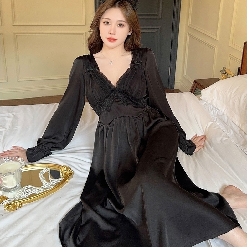 Vee-lingerie sutera long dress premium 353 lengan panjang/seserahan/baju tidur/lingerie set