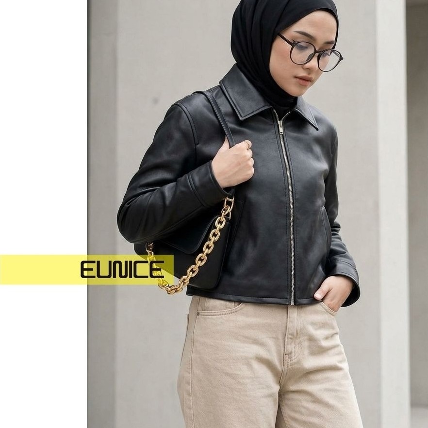Jacket Kulit Wanita Hijab Friendly Premium - Harrington Leather Jacket M - Jacket Hitam Crop 52cm