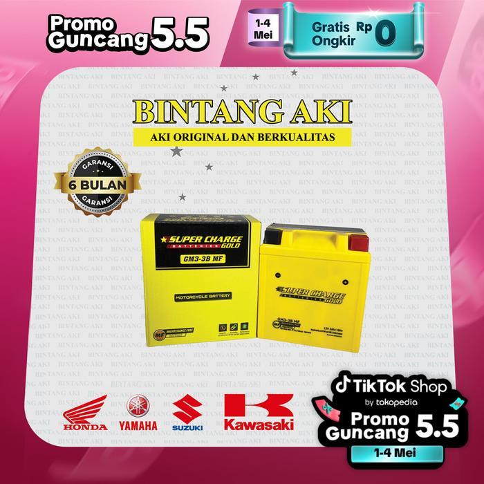 SUPERCHARGE GOLD GM3-3B 3AH Aki Kering Gel Motor Honda NSR 150, Yamaha RX King, Kawasaki Ninja 150 R