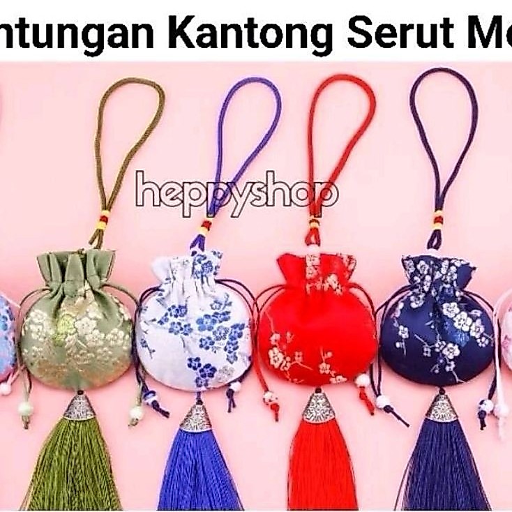 Gantungan Kantong Serut Motif, Kantong Jimat, Pouch Kain Imlek