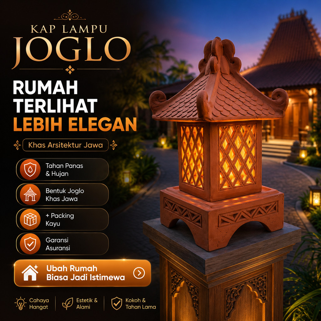 Kap Lampu Taman Outdoor Joglo Gerabah Tanah Liat - Atap 23x23 cm + Packing Kayu