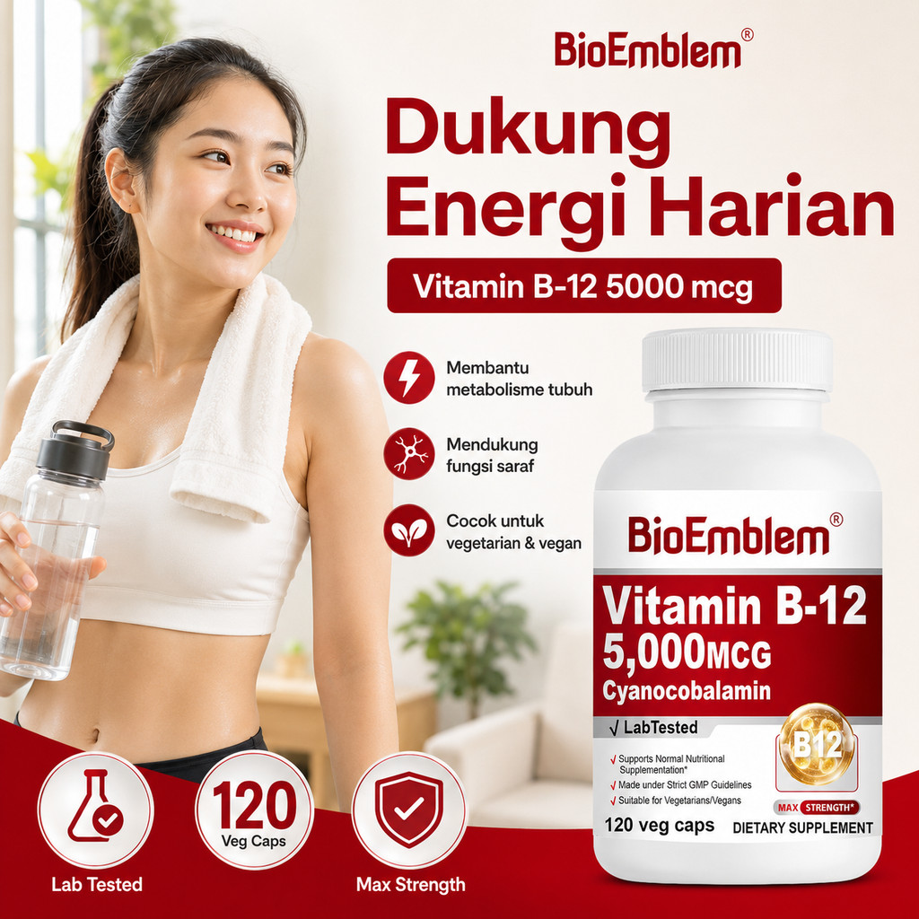Vitamin B12 BioEmblem 5000 mcg 120 Veg Caps Cyanocobalamin Bantu Energi Metabolisme Tubuh Original