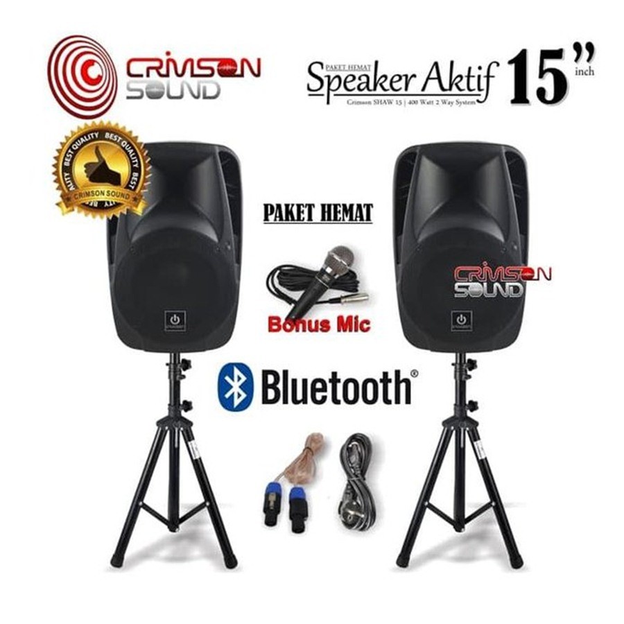 SPEAKER ACTIVE + PASIF  CRIMSON 15in  1 set Bonus 2 STAND speaker+1 mic kabel