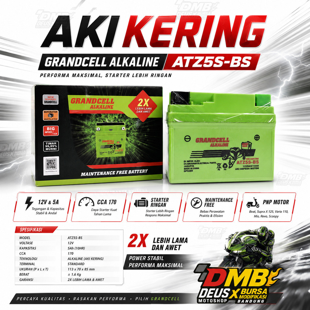 Aki kering Alkaline Grandcell Vario Beat Scoopy Supra Revo ATZ5S-BS 12V-5A CCA 170