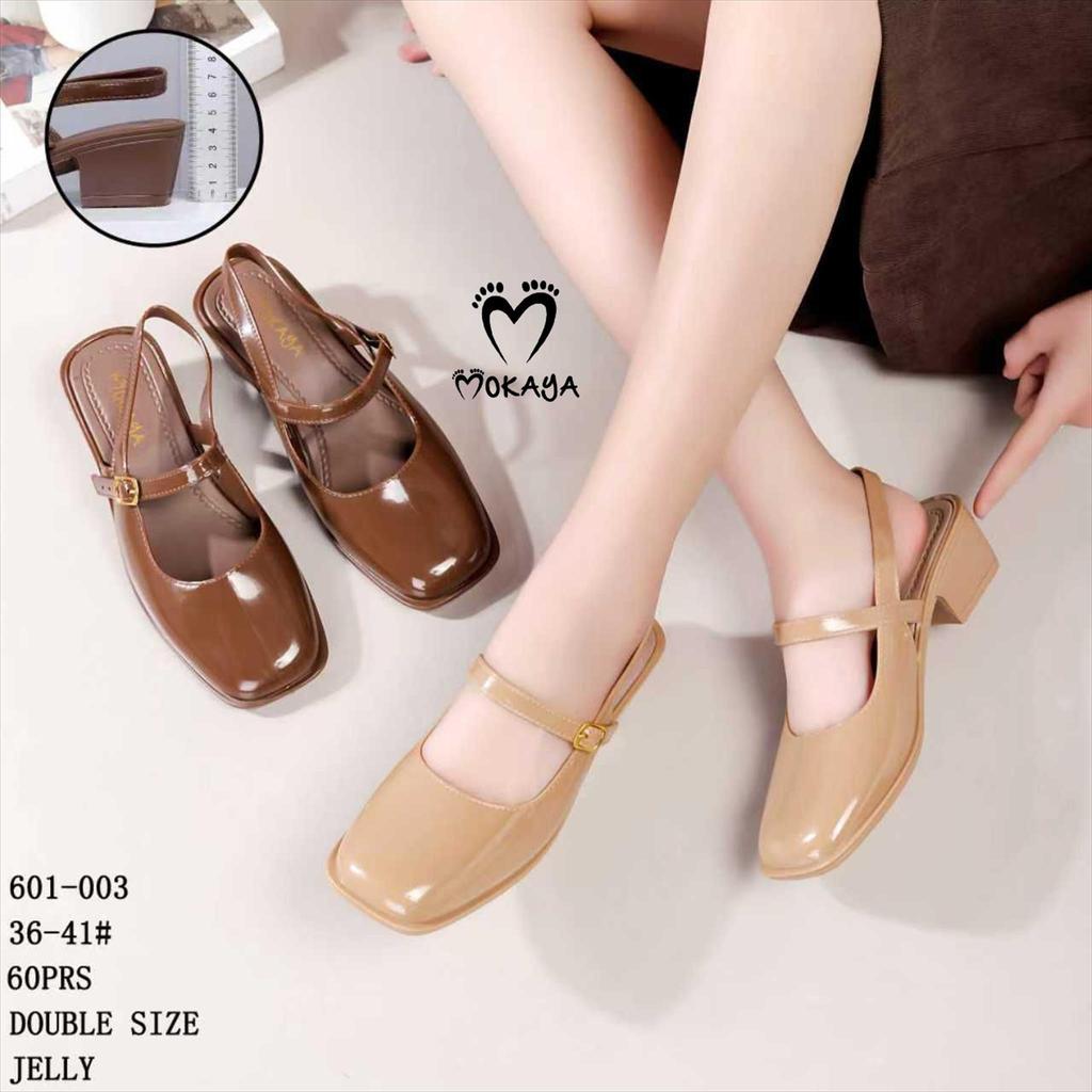 Sepatu Let Jelly Wanita Hak Pendek Tali Depan Gesper Gold Polos Glossy Formal Kantor Pesta Super Emp
