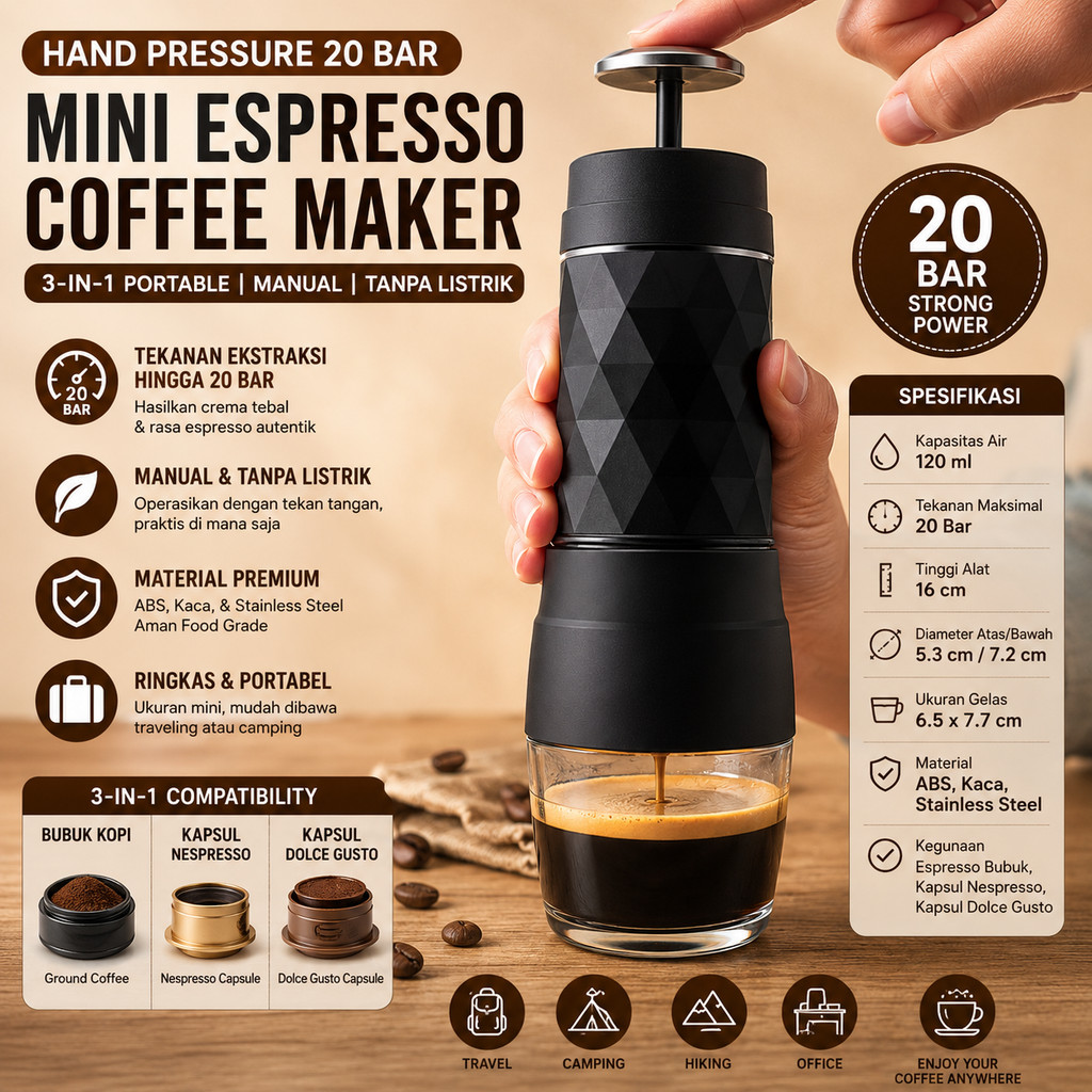Mini Espresso Coffee Maker Portable Hand Press 3in1 Mesin Kopi Manual Tanpa Listrik 20 Bar Alat Sedu