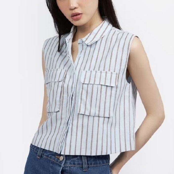 COLORBOX Double Pocket Crop Vest  Stripe Garis Biru Atasan