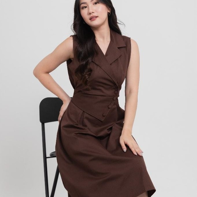 WAJIB PUNYA Valeriestyle - Elise - Dress Midi Wanita Blazer Collar Tanpa Lengan Katun Premium 202