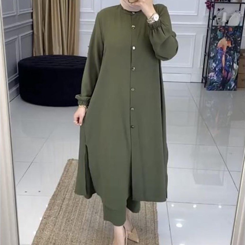 CUCI GUDANG ONE SET GOLDISH DAILY BUSUI LONG TUNIK MUSLIM SUDAH TERMASUK CELANA SIZE KUMPLIT S M L X