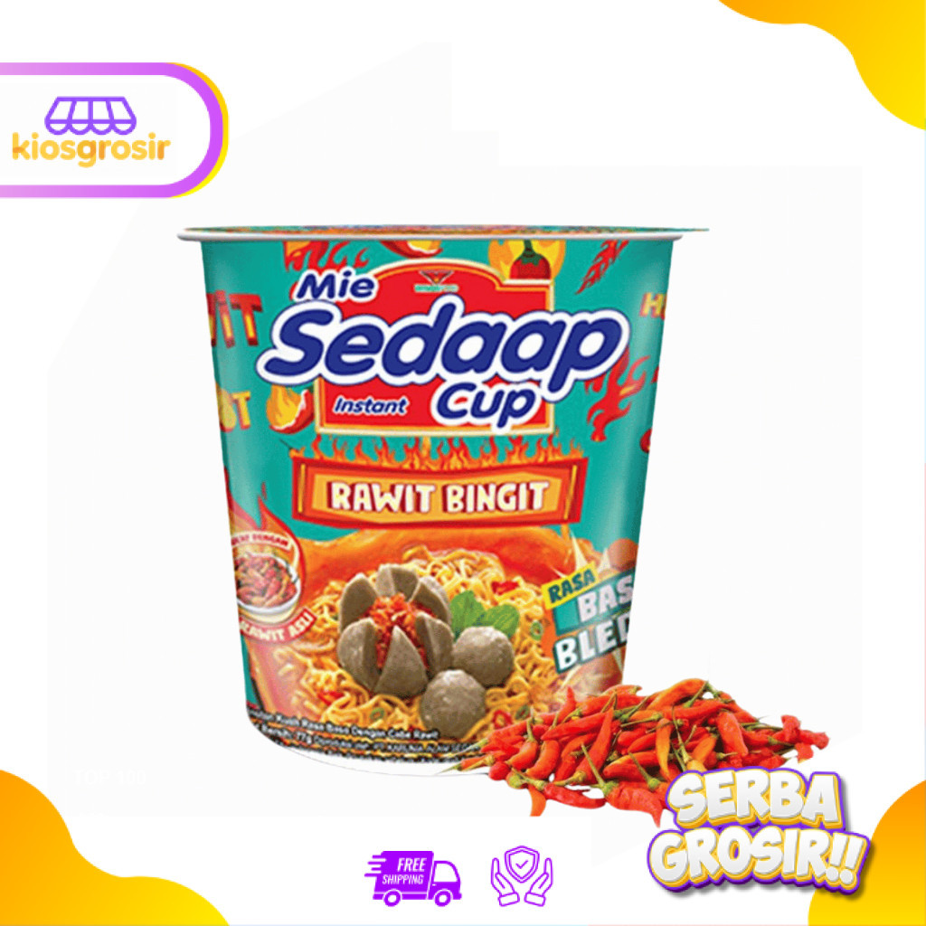 KIOSGROSIR Mie Sedaap SEDAP CUP Rawit Bingit Baso Bleduk 77 gr Mi Bakso Noodles