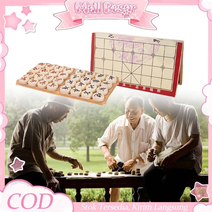 Catur China Kayu Lipat Xiang Qi Portable Papan & Batu Kayu Asli Permainan Keluarga Serbaguna Hadiah