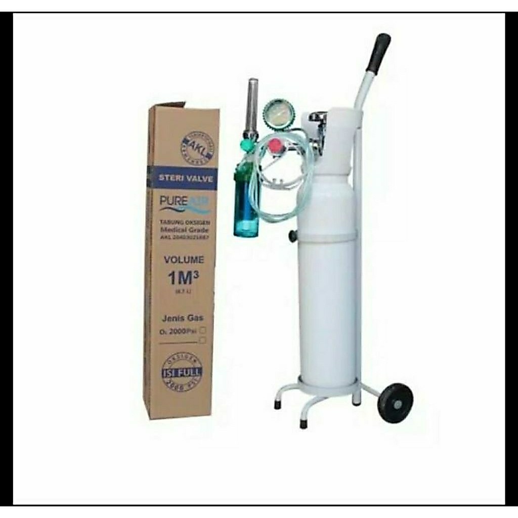 Tabung Oksigen 1m3 Lengkap gas  (99,99% Medical Grade) dengan Regulator, Nasal, dan Troli - Siap Pak