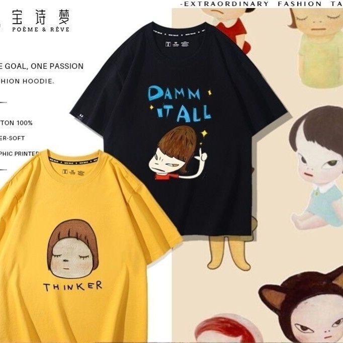 Kaus lengan pendek katun murni bergambar tokoh kartun dua dimensi dengan boneka kepala besar bernuan