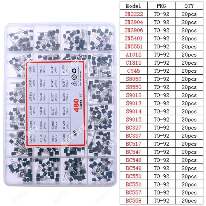 480Pcs 24Jenis Kit Transistor NPN PNP 2N2222 S8050 S9014 2N3906 BC327 BC337 BC517 BC547 BC548 BC549 