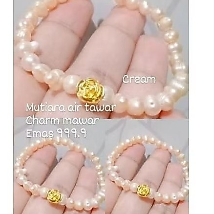 Gelang Mutiara Air tawar + charm mawar emas 999.9