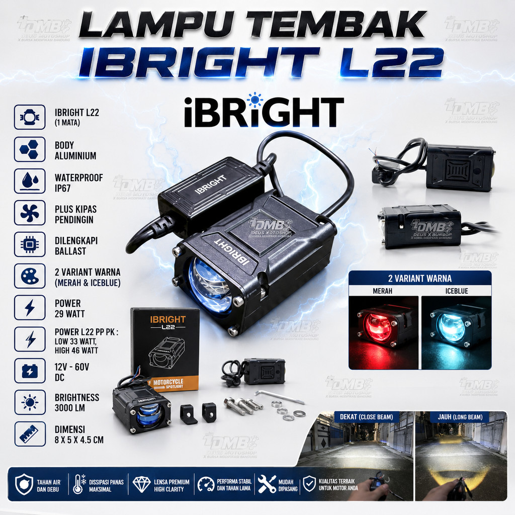 Ibright Lampu Tembak Biled L22 Blue Lens - Lampu tembak mini biled cutoff mobil motor
