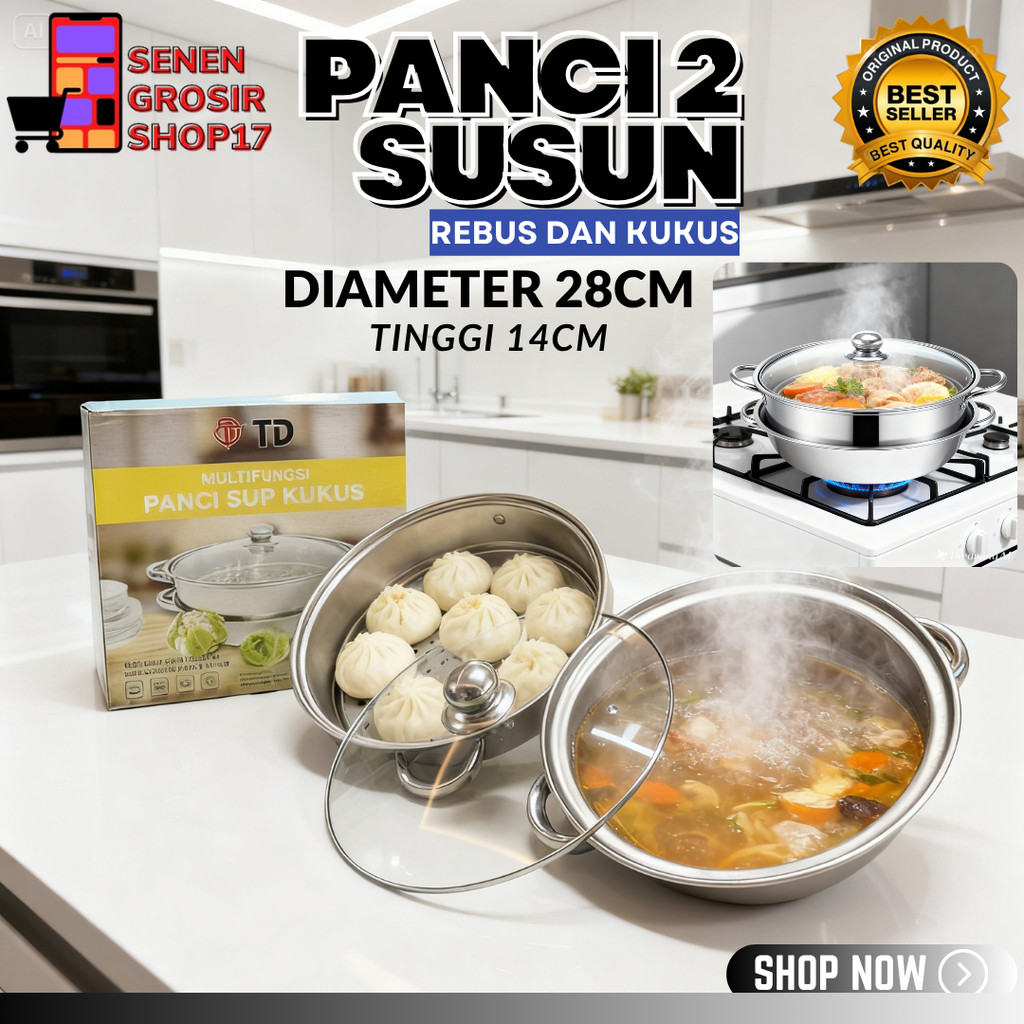SN COD Kitchen Ware - Panci Kukus Set Stainless Steel Panci Sup Steamer Ikan Bakpao Siomay 2 Susun 2