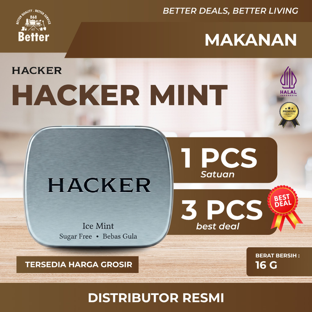 HACKER Permen Mint Bebas Gula 16gr Sugar Free Candy Halal BPOM Segar Tahan Lama