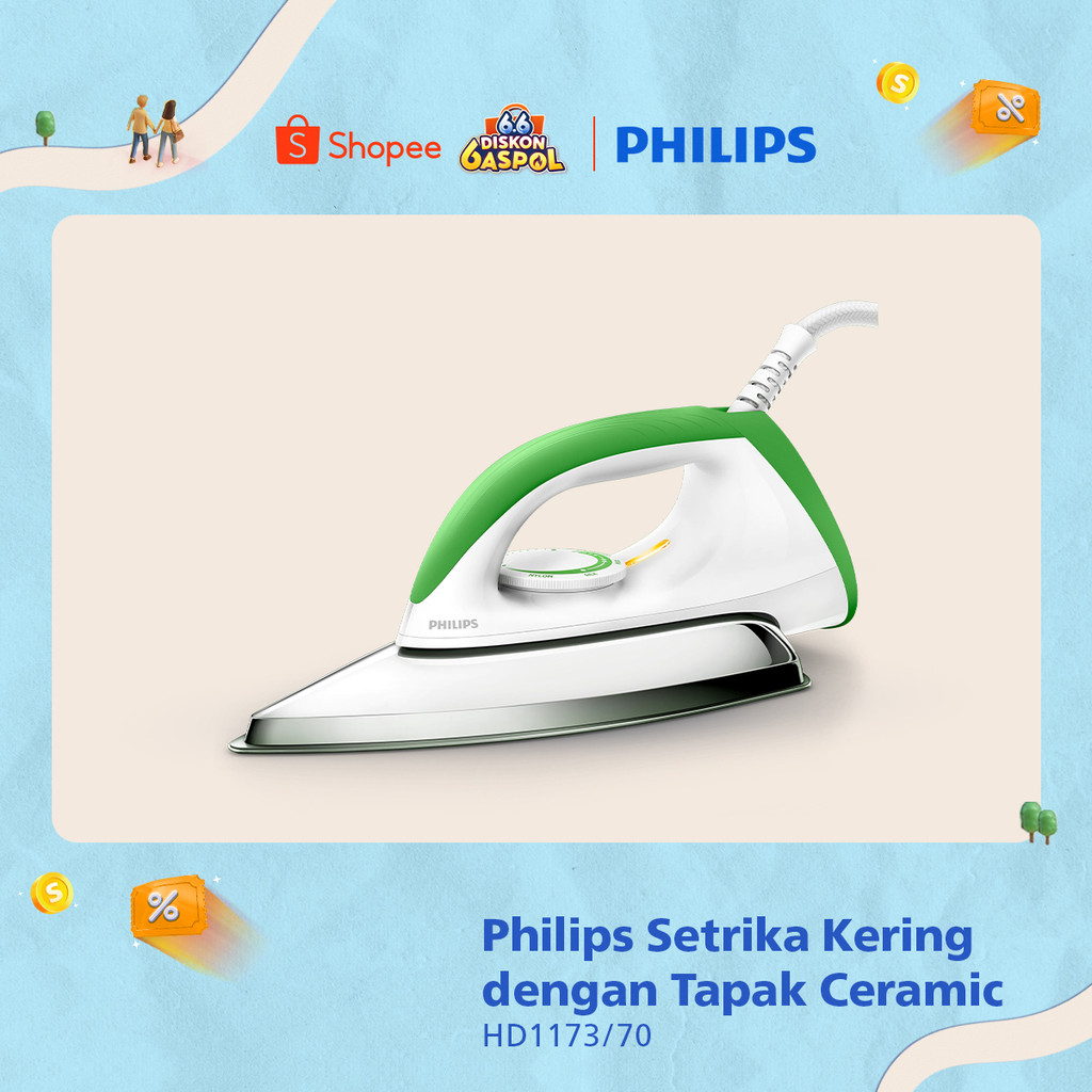 Setrika Kering Philips HD1173|70 Hijau, Keramik Anti-Lengket, Gosokan Baju