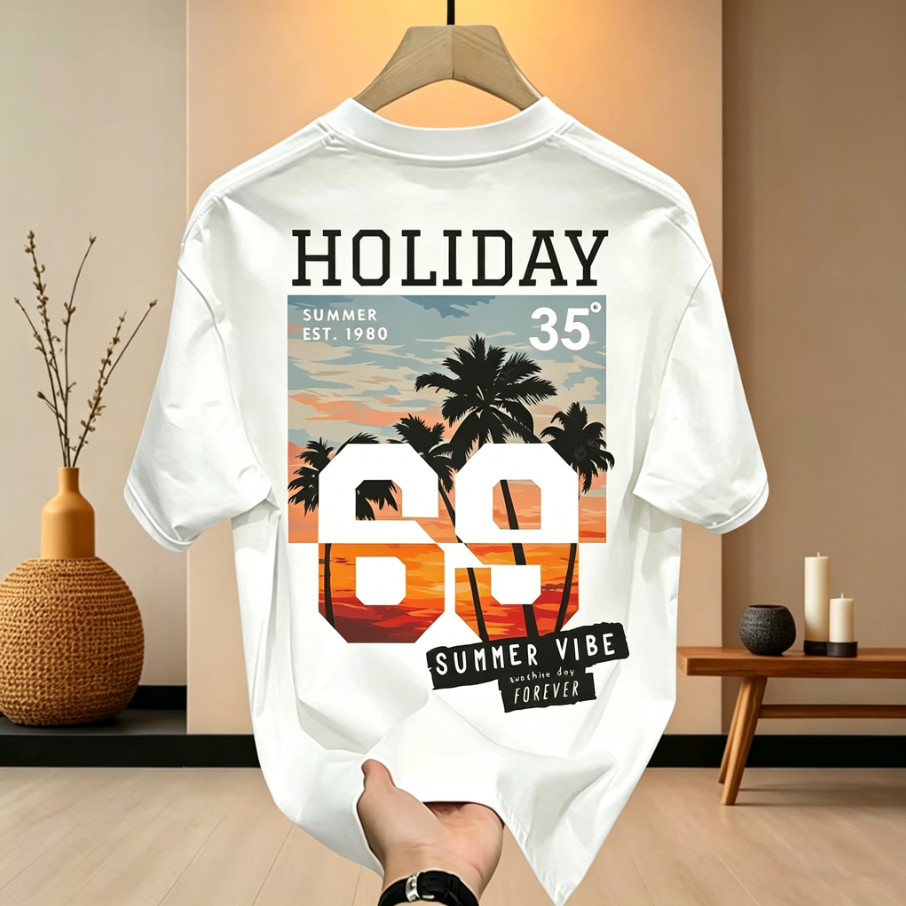 Nusa Stamp|baju kaos pria Kaos Motif Pantai "HOLIDAY 69" - Kaos Pria Wanita Oversize Musim Panas - B