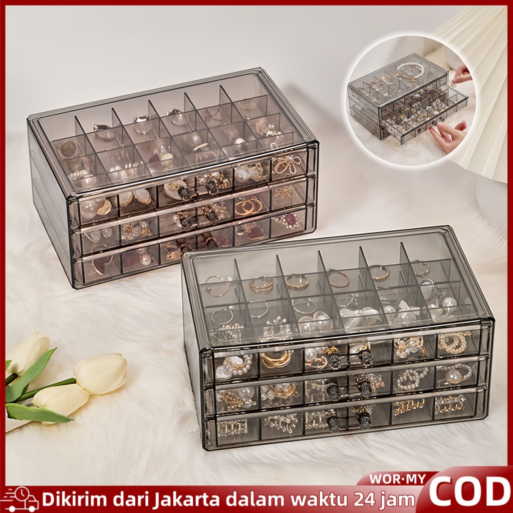 Rak Laci 72 Sekat 3 Tingkat Transparan Kotak Perhiasan Cincin Kalung Anting Serbaguna / Jewelry Box/
