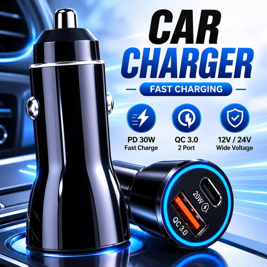 Car Charger Mobil PD 30W QC 3.0 USB Type C USB A Fast Charging 2 Port Charger HP Tablet Stabil Anti 