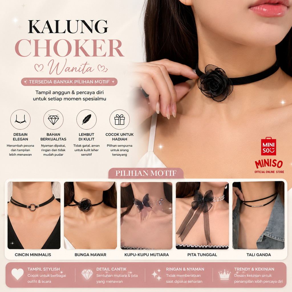 MINISO BALI | Kalung Choker Wanita Warna Hitam Choker Hitam Gaya Korea Kalung Choker Mawar Hitam Cho