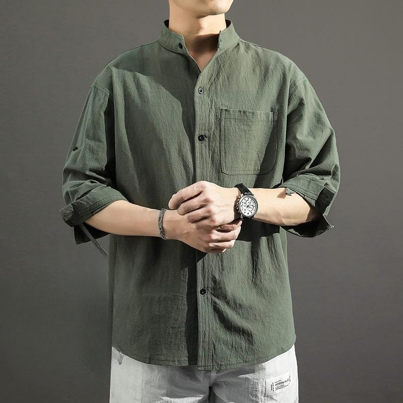 Kemeja katun dan linen seven-quarter-sleeved kemeja pria longgar