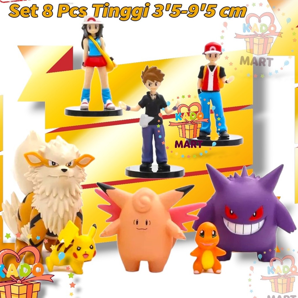 READY Action Figure Pokemon Isi 8 Pcs Tinggi 3-9cm Pikachu Gengar Arcanine Lucu Pajangan Mainan