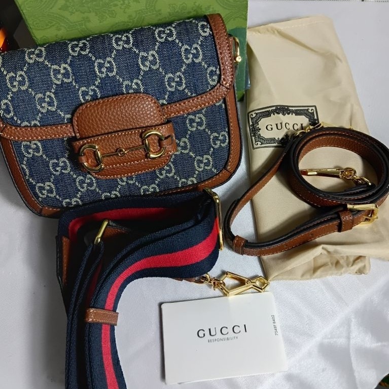 Gucci Horsebit 1955 Mini Monogram Denim and Leather Mirror Premium